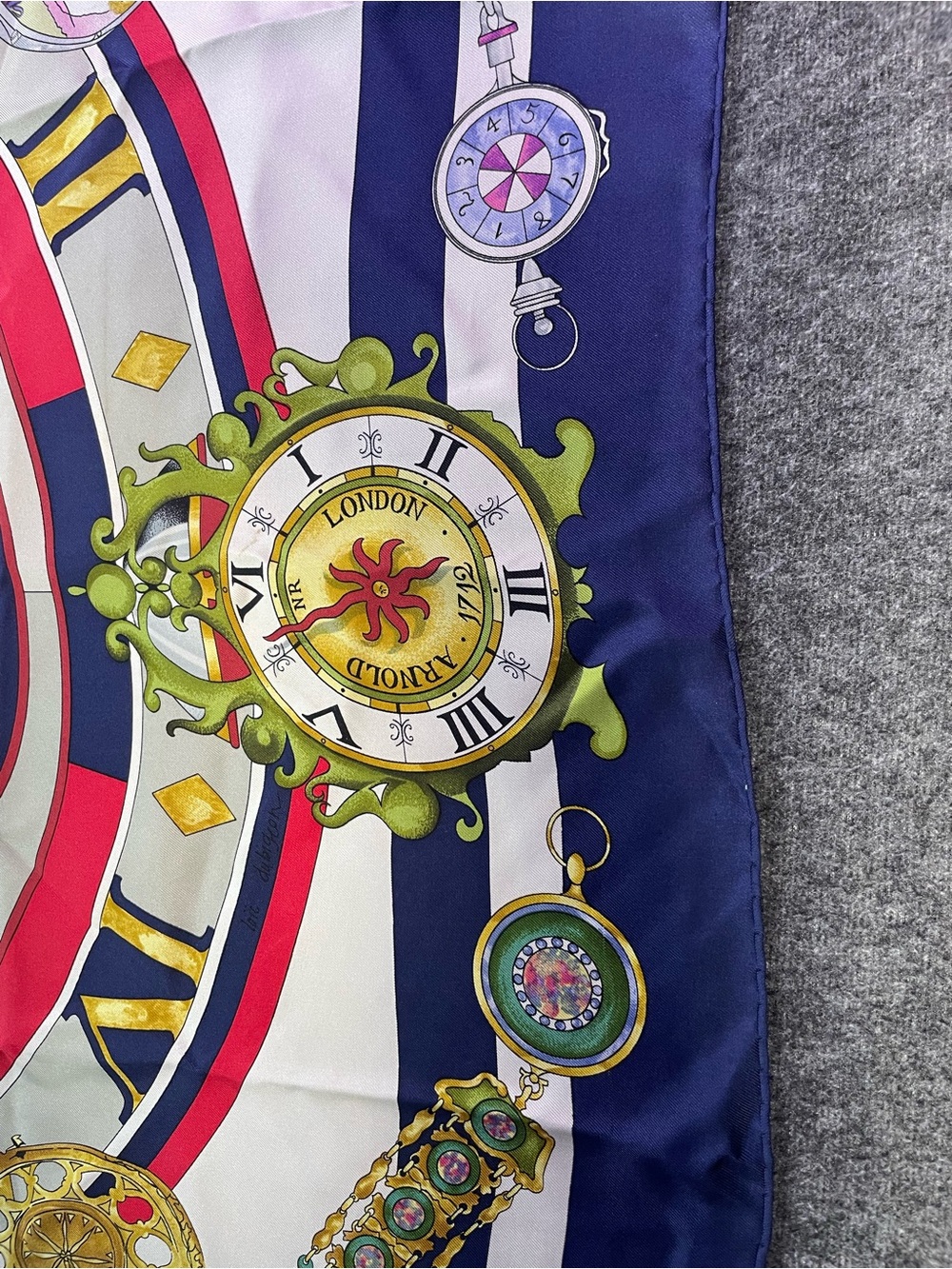 Hermes Multicolor Silk Scarf with Navy, Red, White and Gold Accents - Picture 6 of 16